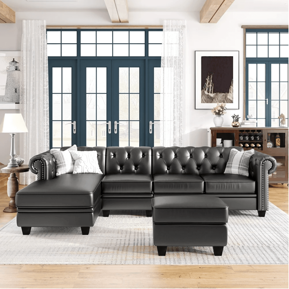 Dolcy Sectional Sofa Set in PU Leather in Black Color with Ottoman - Oak Inside
