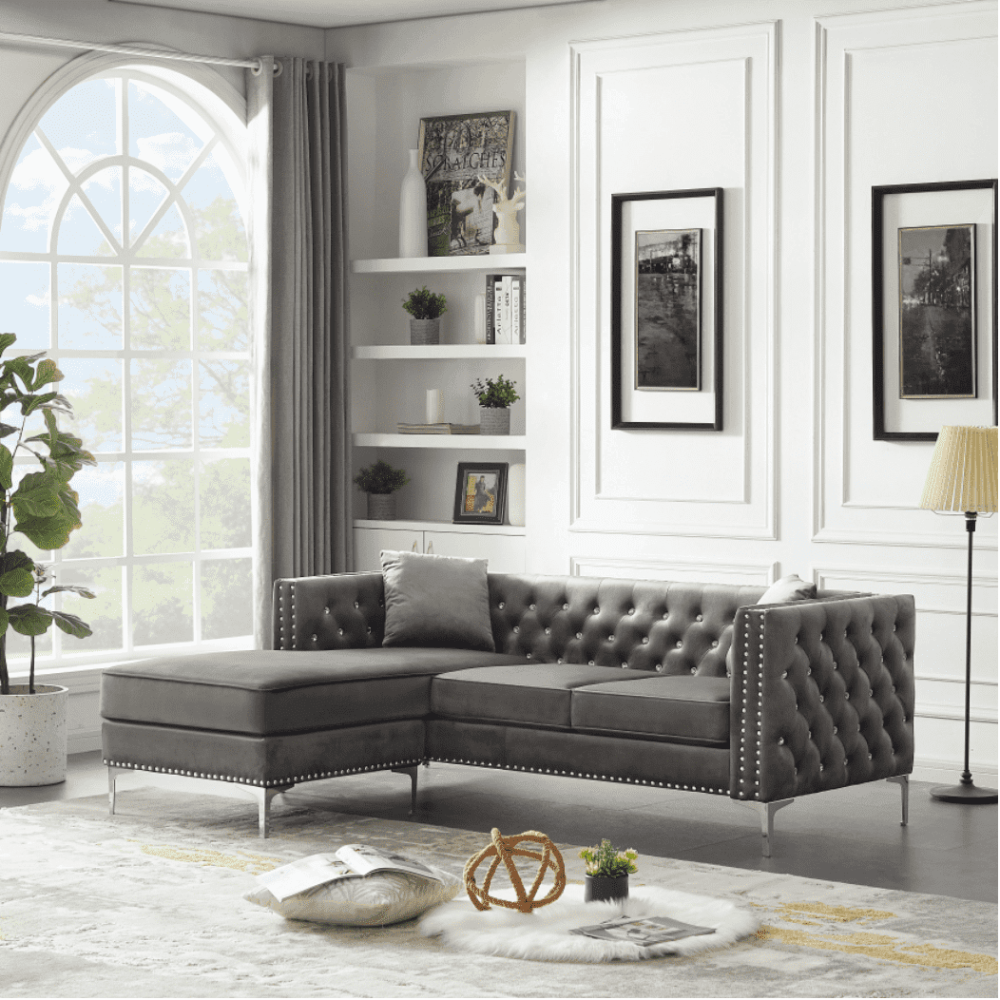 Lotus Grey Chesterfield Sectional Sofa Set - Oak Inside