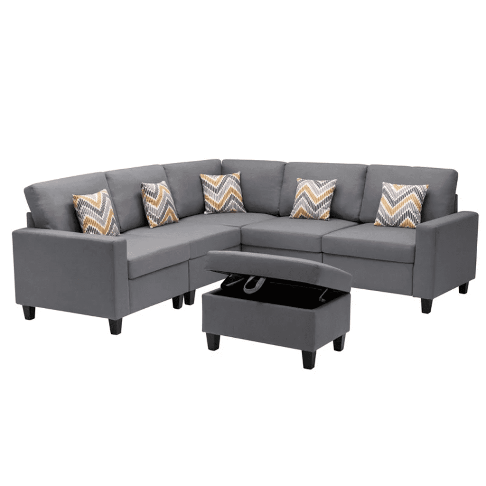 Nollon Linen Fabric Sectional Sofa with Pillows and Storage Ottoman - Oak Inside