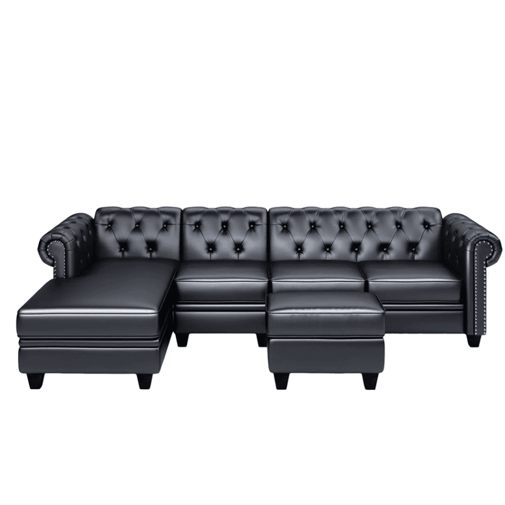 Dolcy Sectional Sofa Set in PU Leather in Black Color with Ottoman - Oak Inside