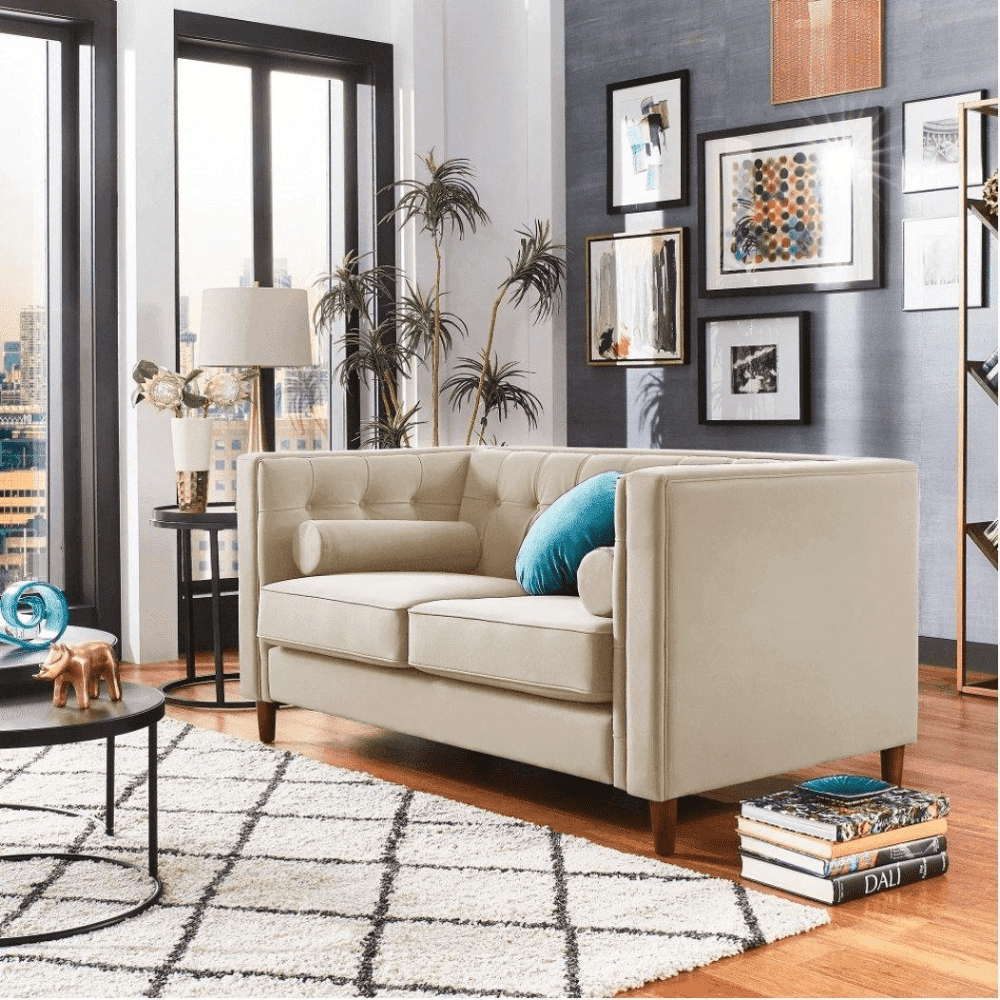 Brew Tuxedo Faux Leatherette Sofa with Accent Pillows - Oak Inside