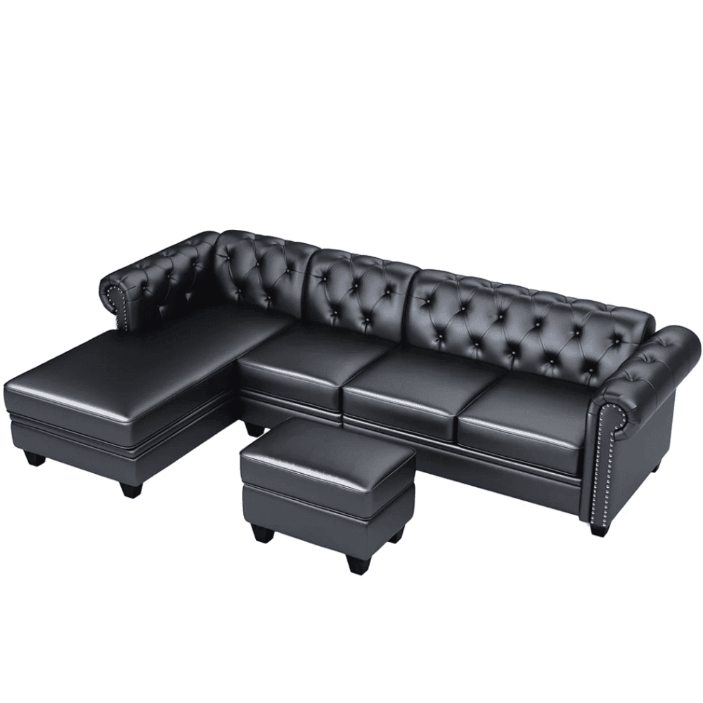 Dolcy Sectional Sofa Set in PU Leather in Black Color with Ottoman - Oak Inside