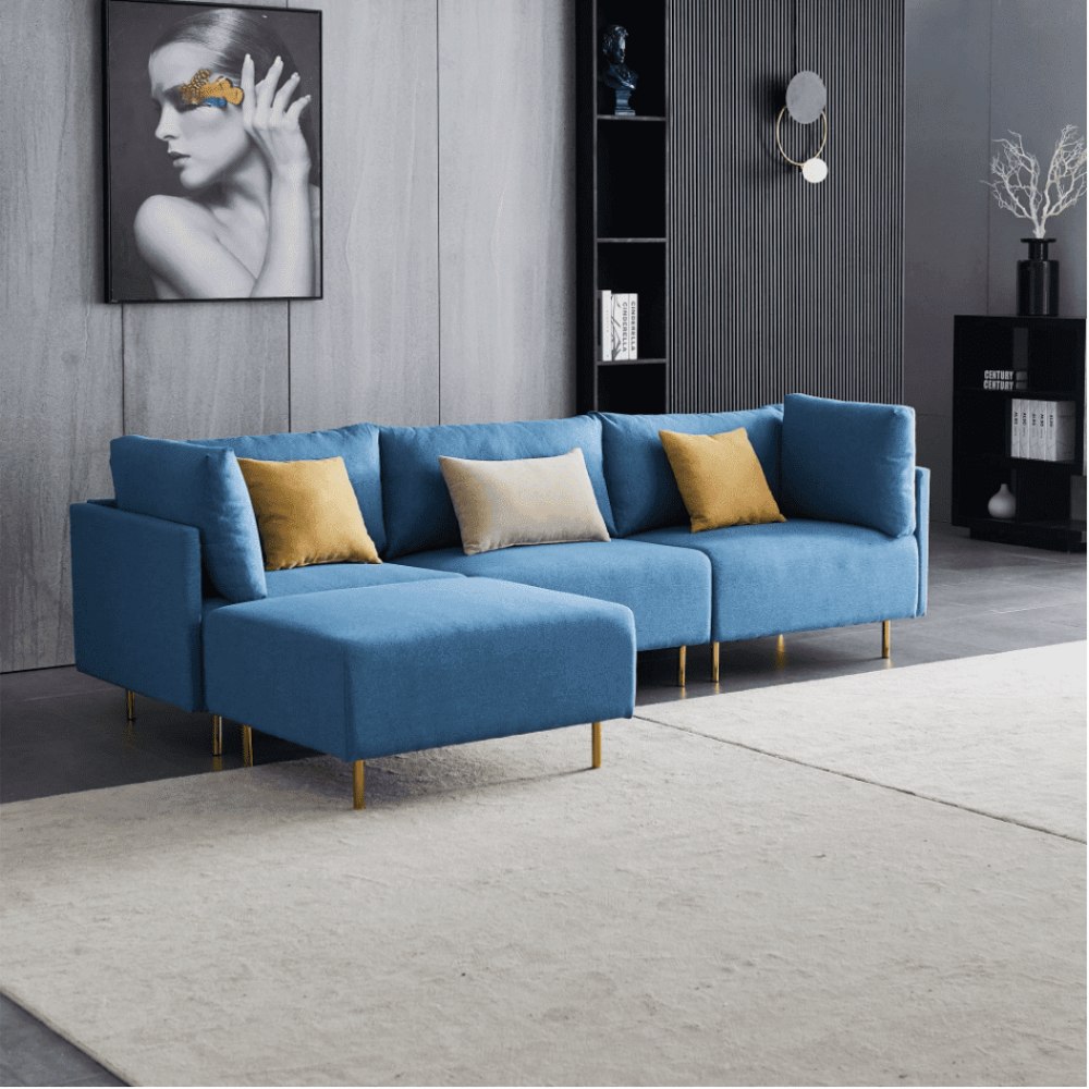 Ronaldo Sectional Sofa Set in Blue Color With Ottoman - Oak Inside