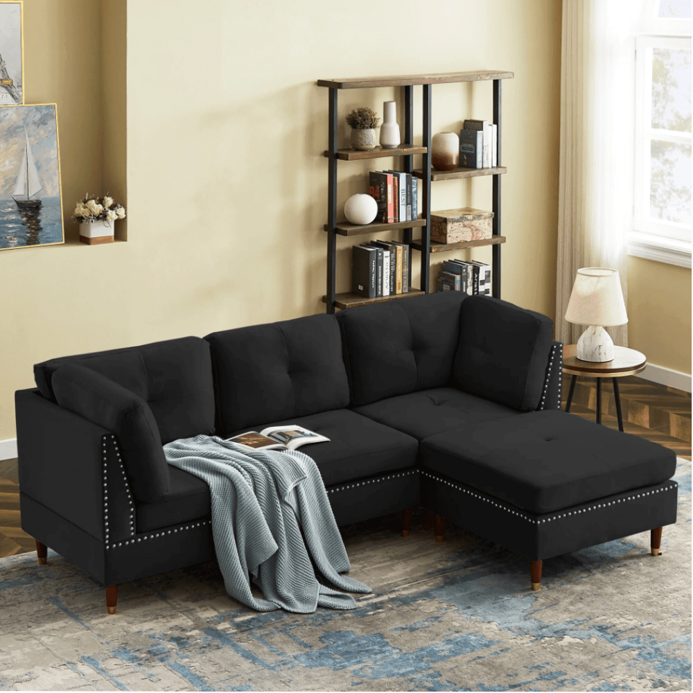 Glossy Sectional Suede Sofa Set With Ottoman - Oak Inside
