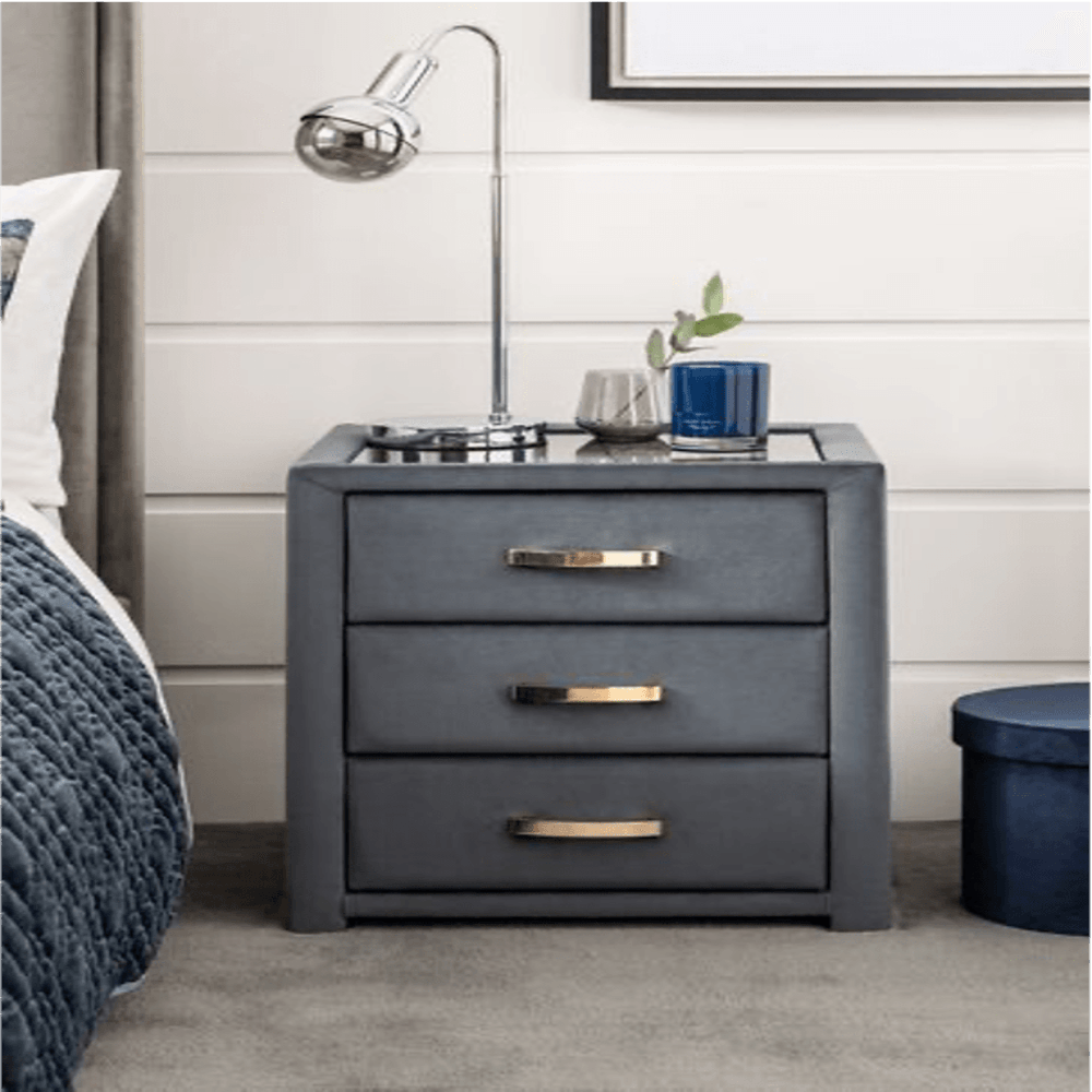 Frankie Upholstered 3 Drawer Bedside - Oak Inside