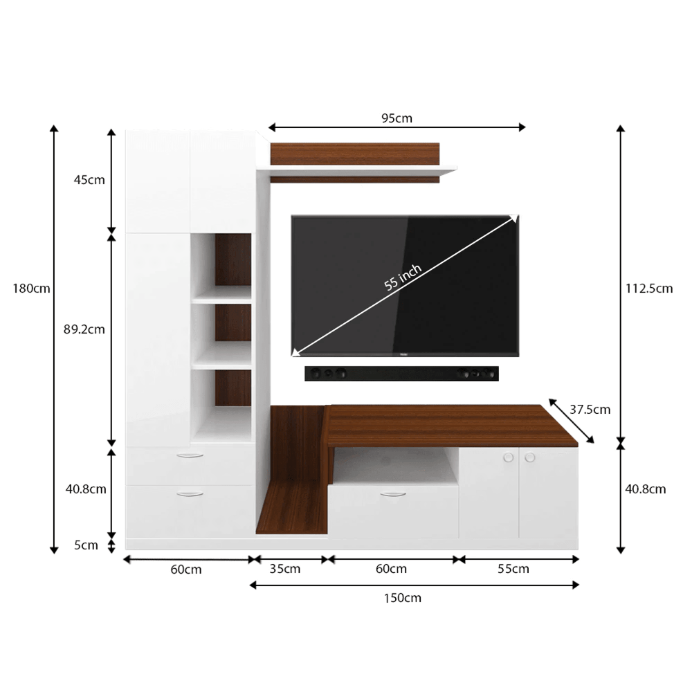Cassy TV Panel- Walnut & Frosty White- Upto 55 inches TV - Oak Inside