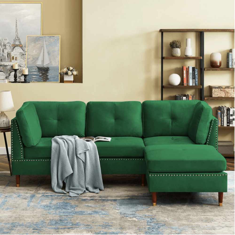Glossy Sectional Suede Sofa Set With Ottoman - Oak Inside