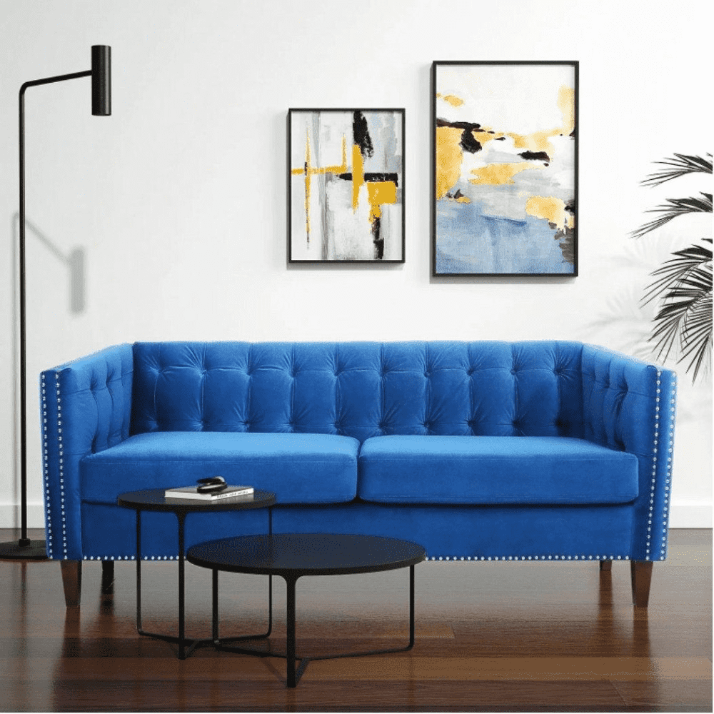 Rosy Sofa Set in Blue Suede Fabric - Oak Inside