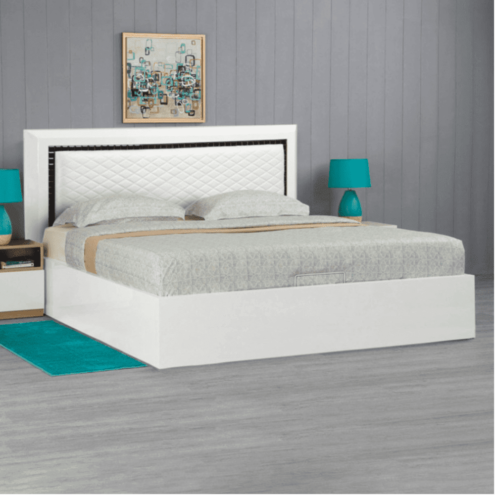 Helen PU Polish Bed in White Color - Oak Inside