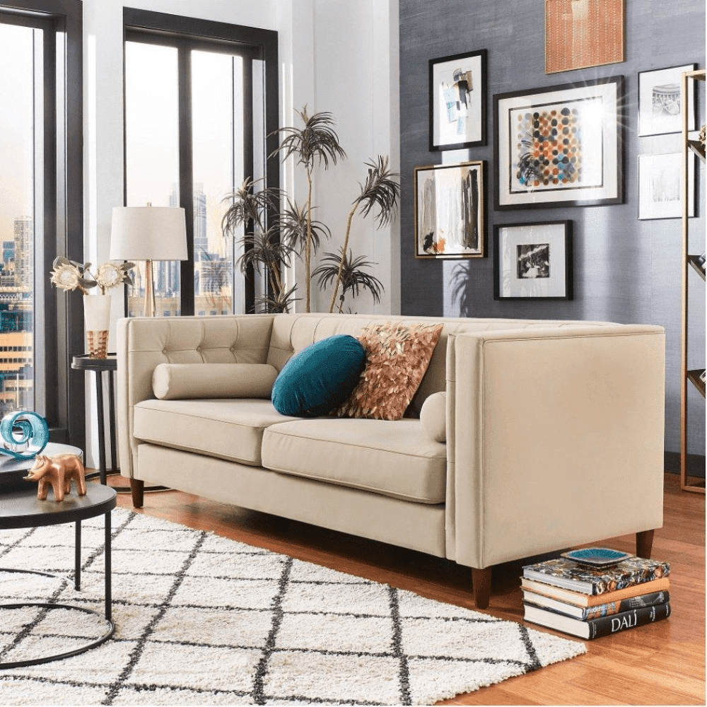 Brew Tuxedo Faux Leatherette Sofa with Accent Pillows - Oak Inside