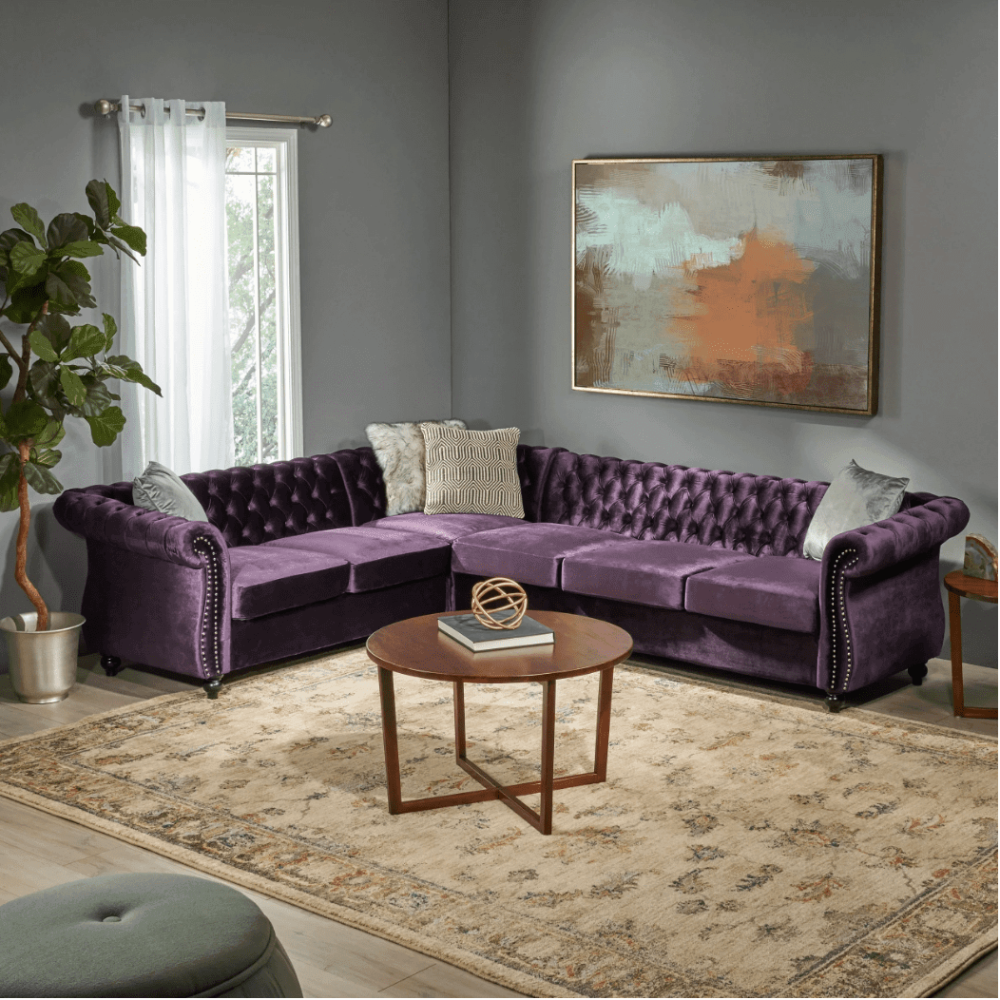 Amberside Suede Tufted Chesterfield Sectional Sofa - Oak Inside