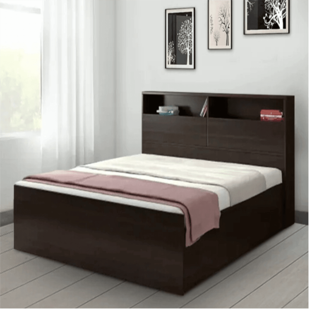 Denver Wooden Bed with Storage in Brown Glossy Finish - Oak Inside