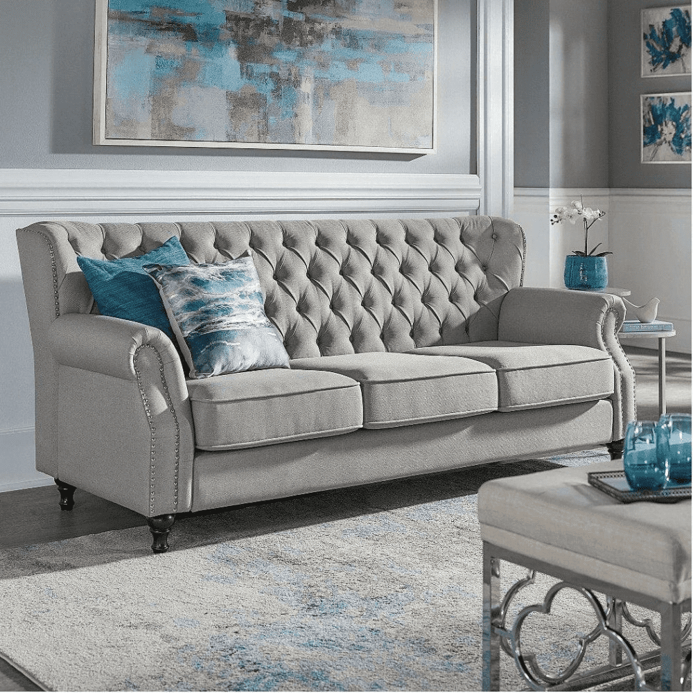 Dorothie Grey Fabric Button Tufted Sofa with Nailhead Trim - Oak Inside