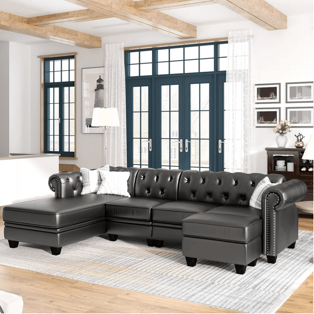 Dolcy Sectional Sofa Set in PU Leather in Black Color with Ottoman - Oak Inside