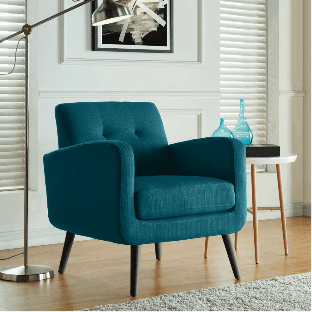 Keflavik Mid-century Peacock Blue Linen Arm Chair - Oak Inside