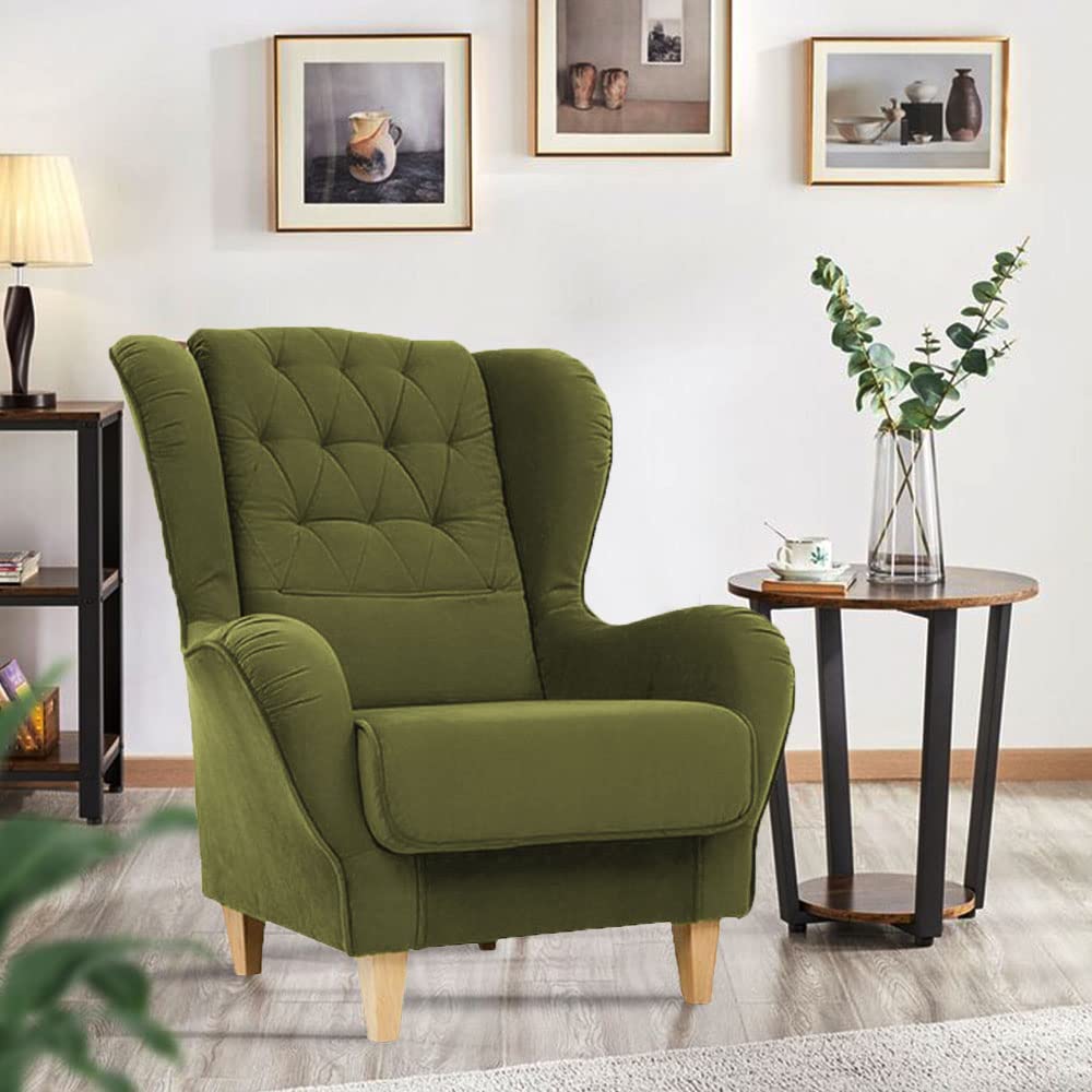 Stuffed Wing Chair in Green Color - Oak Inside
