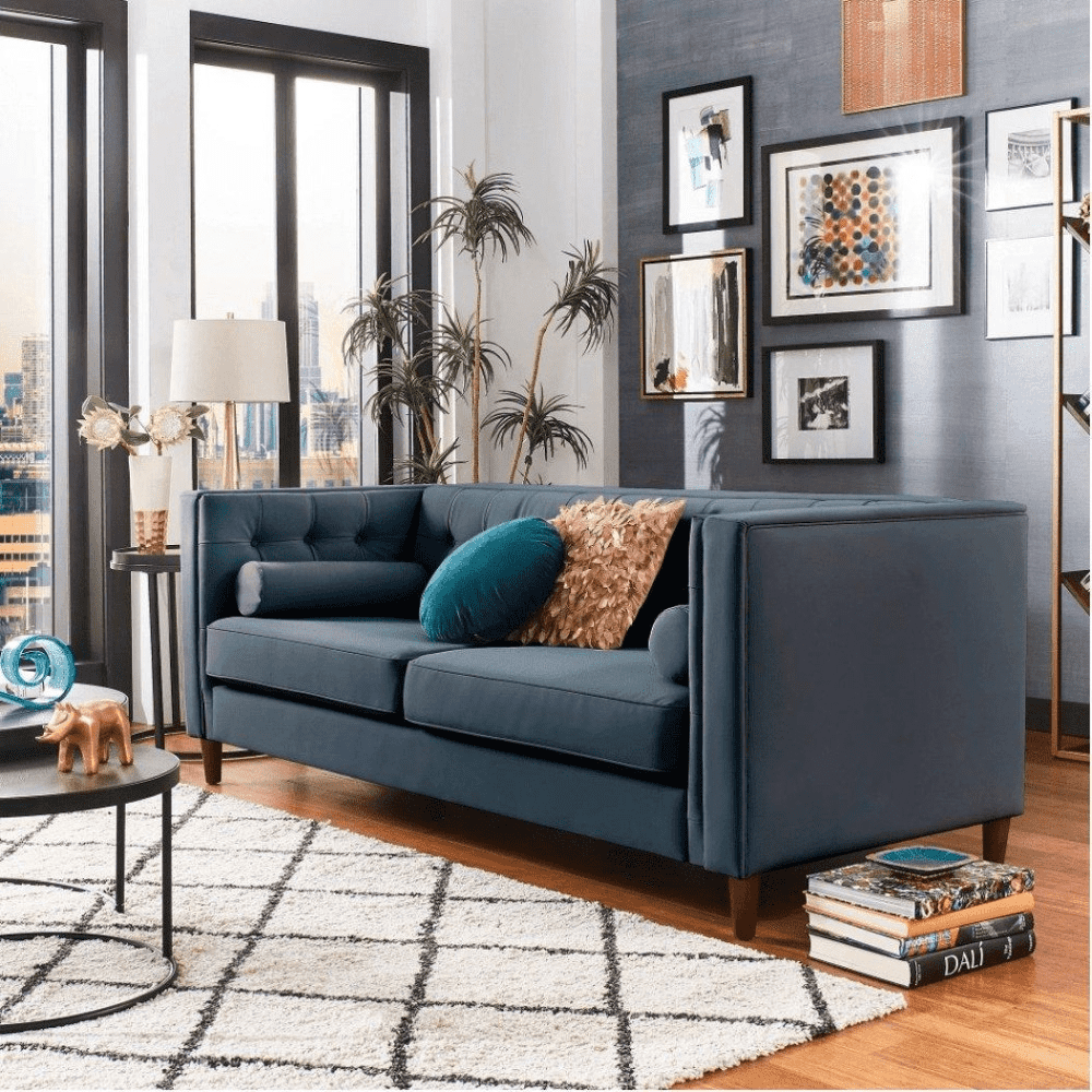 Brew Tuxedo Faux Leatherette Sofa with Accent Pillows - Oak Inside