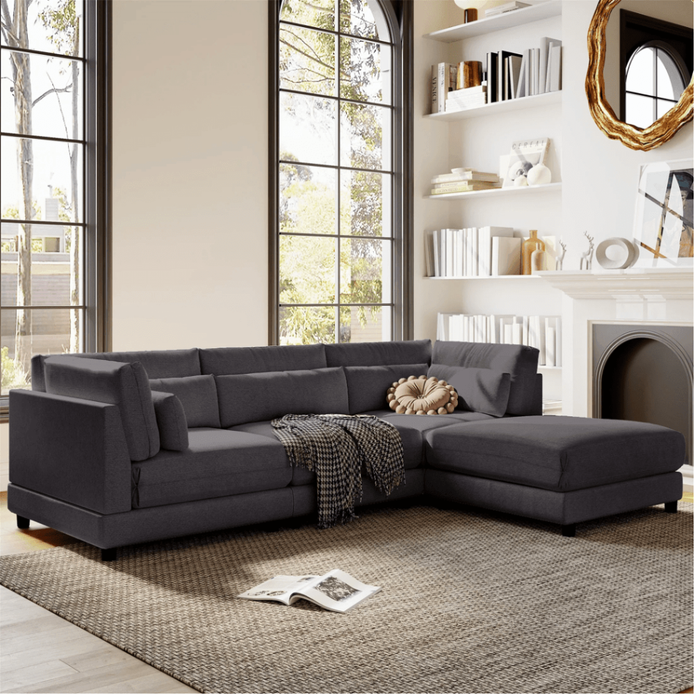 Ronald Sectional Sofa Set in Charcoal Color - Oak Inside