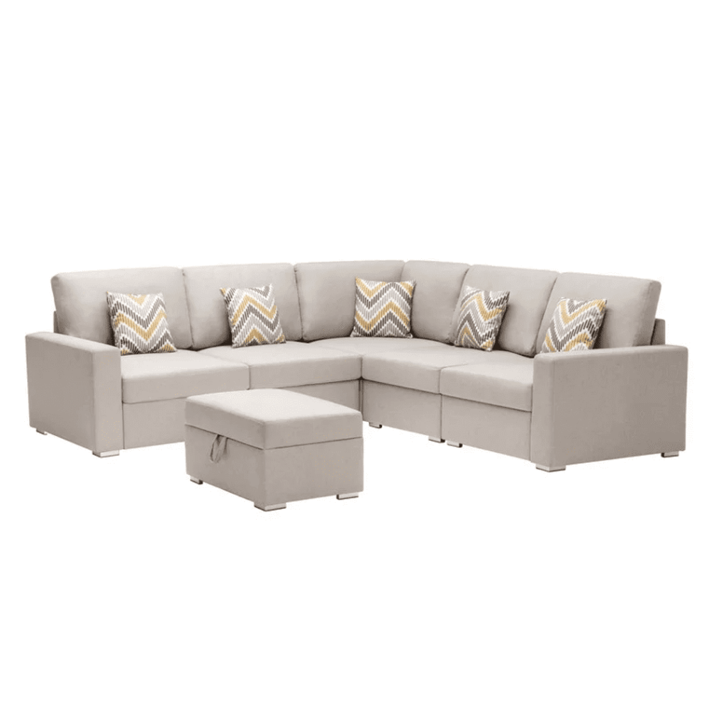 Nollon Linen Fabric Sectional Sofa with Pillows and Storage Ottoman - Oak Inside