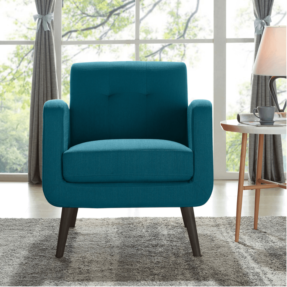 Keflavik Mid-century Peacock Blue Linen Arm Chair - Oak Inside