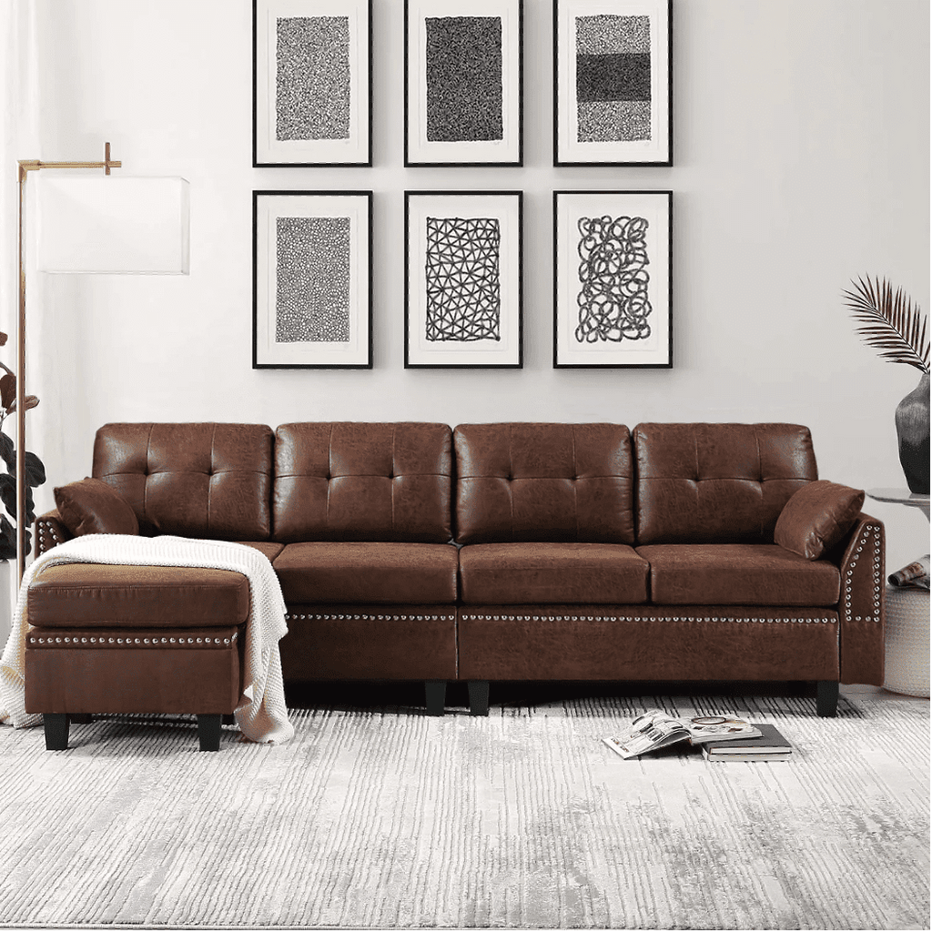 Viatol High Back Couch Mid-century Suede Leather Wood Legs Chaise Sofa - Oak Inside