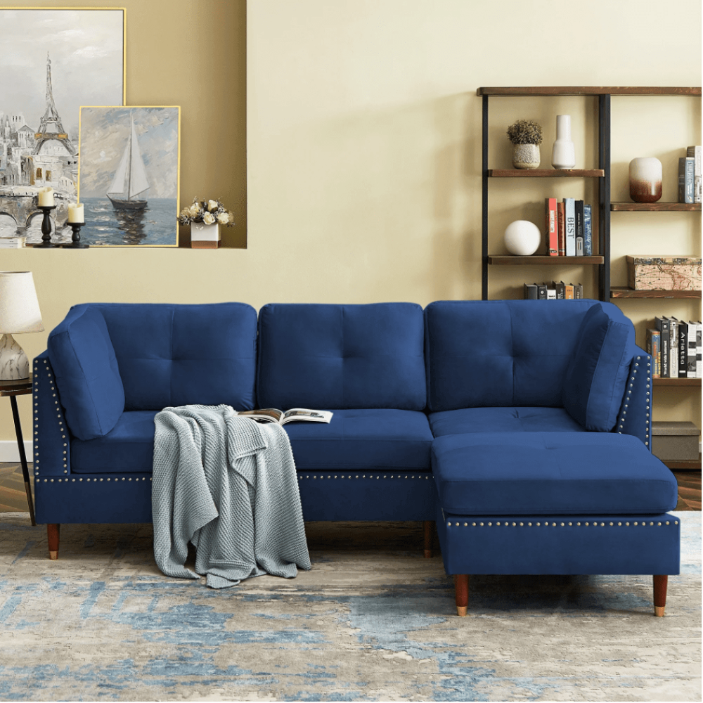 Glossy Sectional Suede Sofa Set With Ottoman - Oak Inside