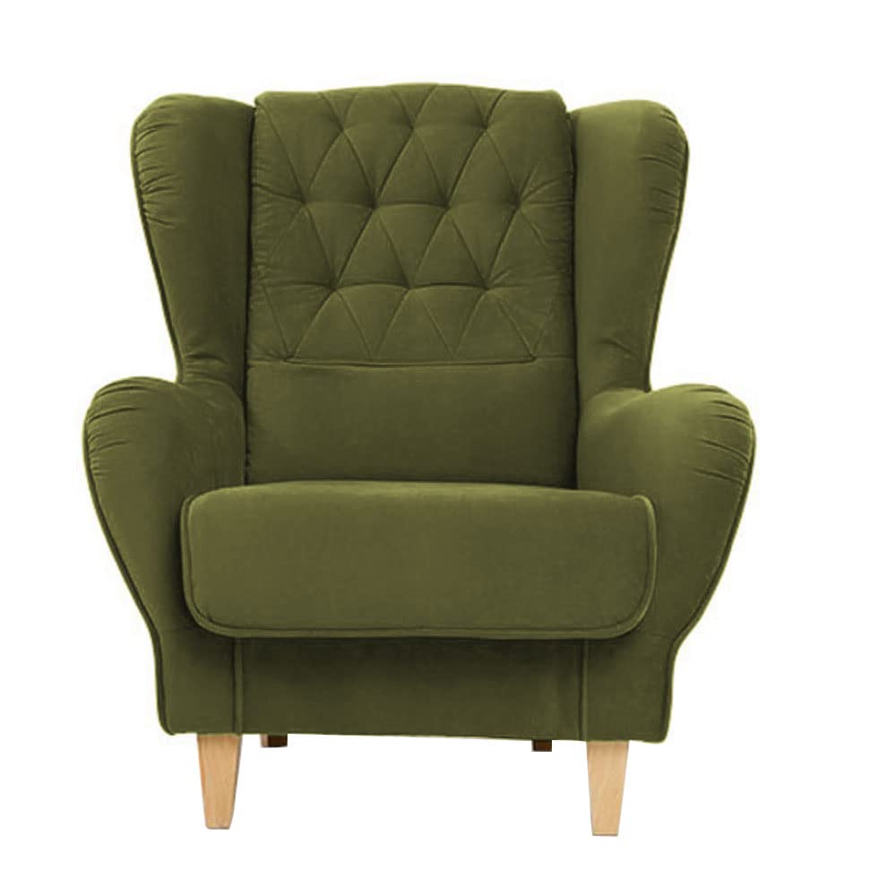 Stuffed Wing Chair in Green Color - Oak Inside