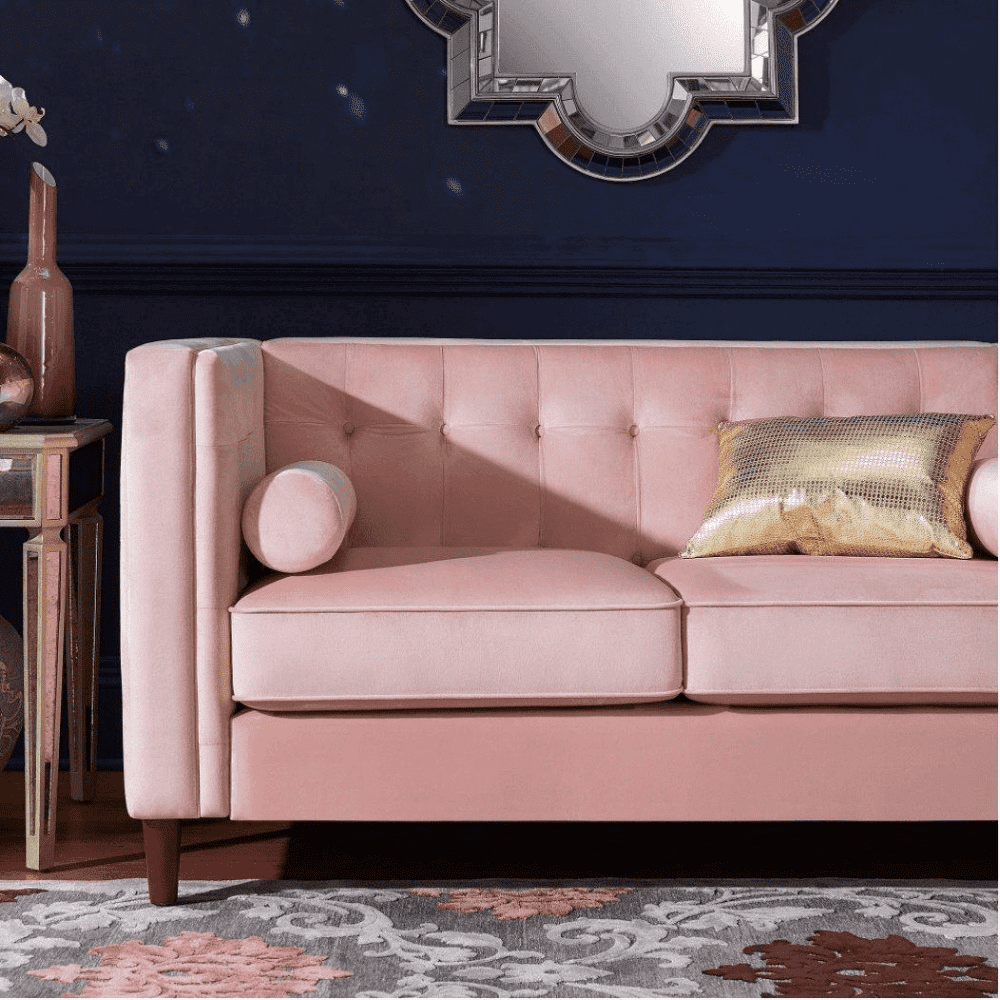 Brew Pink Suede Sofa or Loveseat with Pillows - Oak Inside