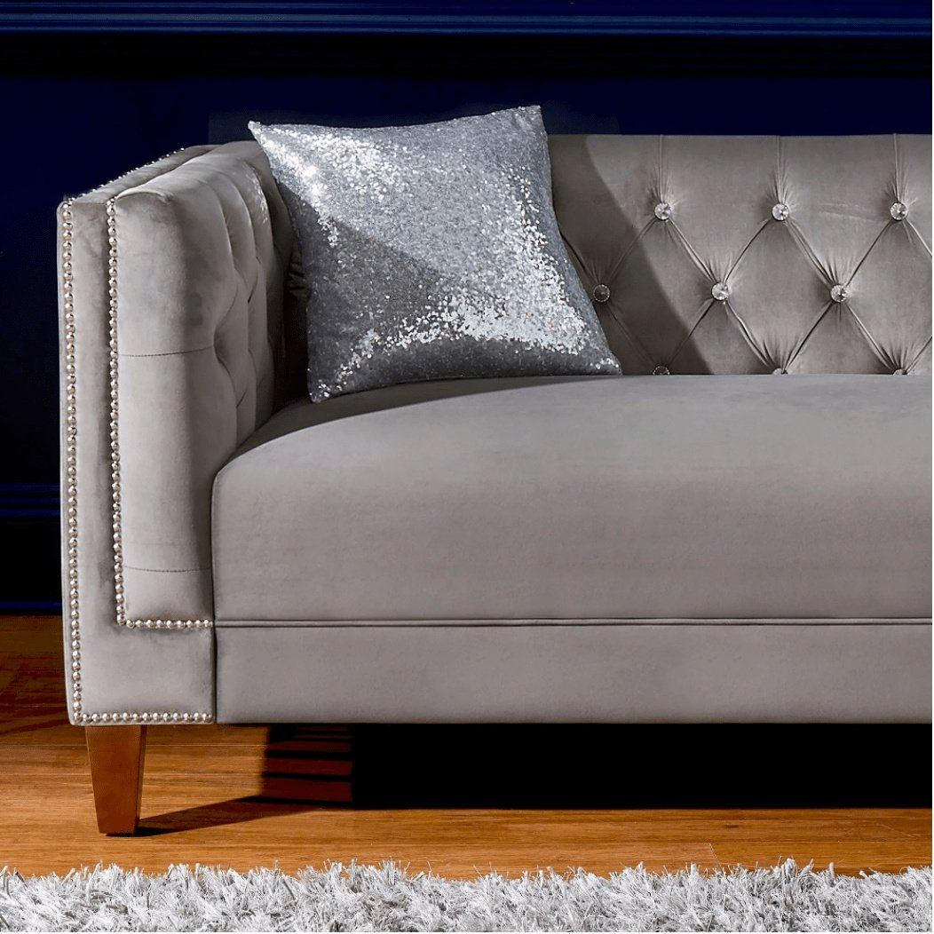 Silver Orchid Jewel-tuft Grey Suede Seating with Nailhead - Oak Inside