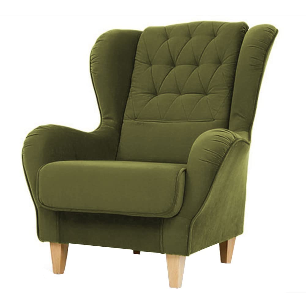 Stuffed Wing Chair in Green Color - Oak Inside