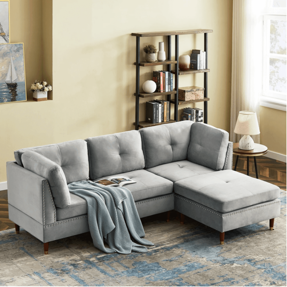 Glossy Sectional Suede Sofa Set With Ottoman - Oak Inside