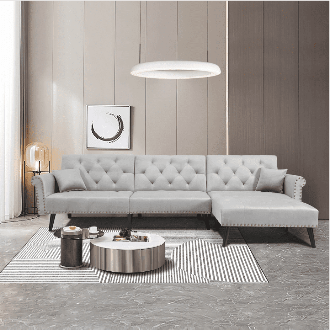 Tufted back Suede Chesterfield Sectional Sofa - Oak Inside