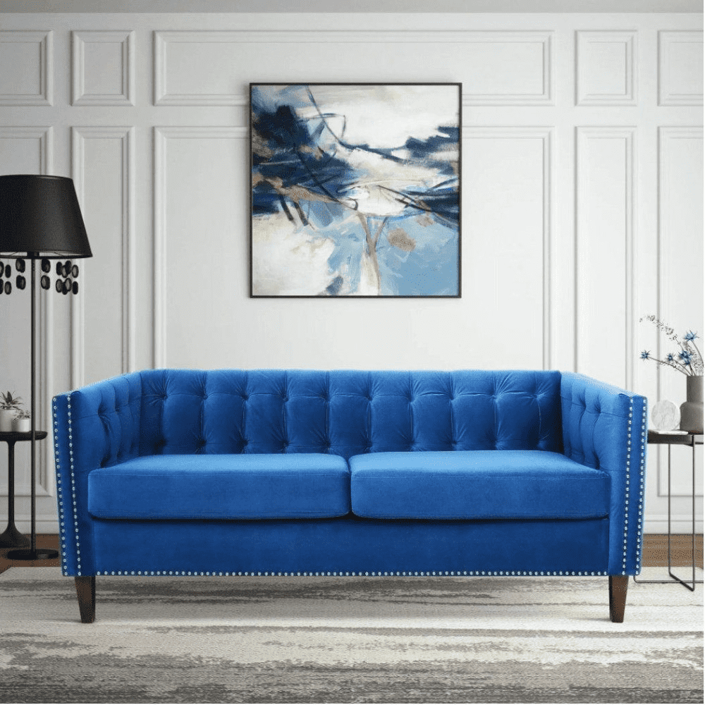 Rosy Sofa Set in Blue Suede Fabric - Oak Inside
