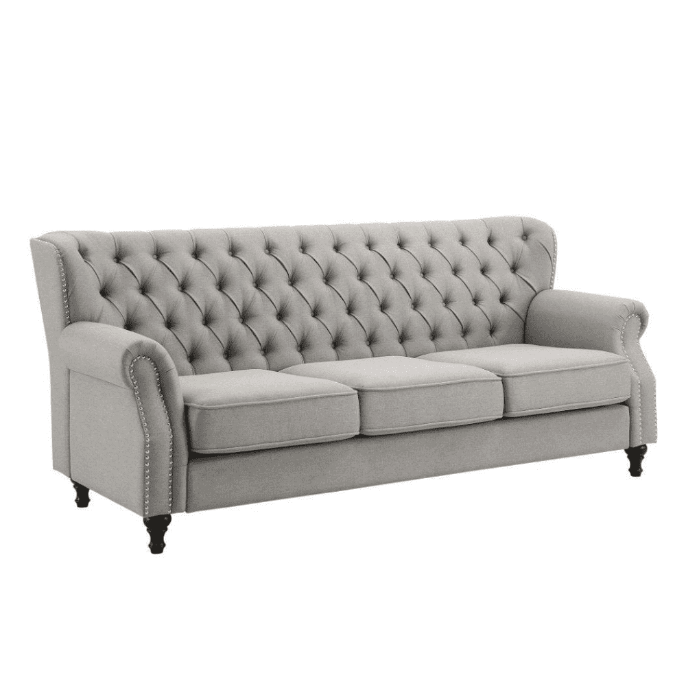 Dorothie Grey Fabric Button Tufted Sofa with Nailhead Trim - Oak Inside