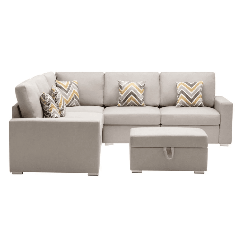 Nollon Linen Fabric Sectional Sofa with Pillows and Storage Ottoman - Oak Inside