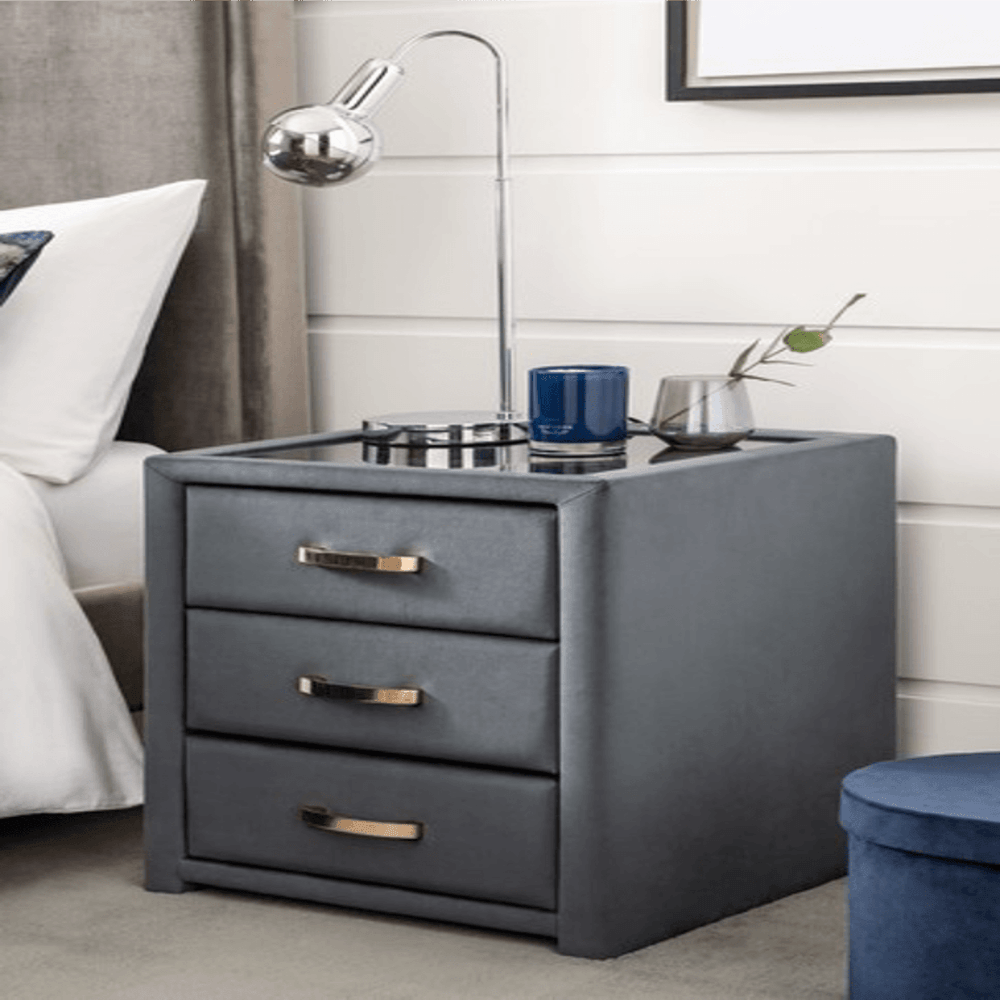 Frankie Upholstered 3 Drawer Bedside - Oak Inside
