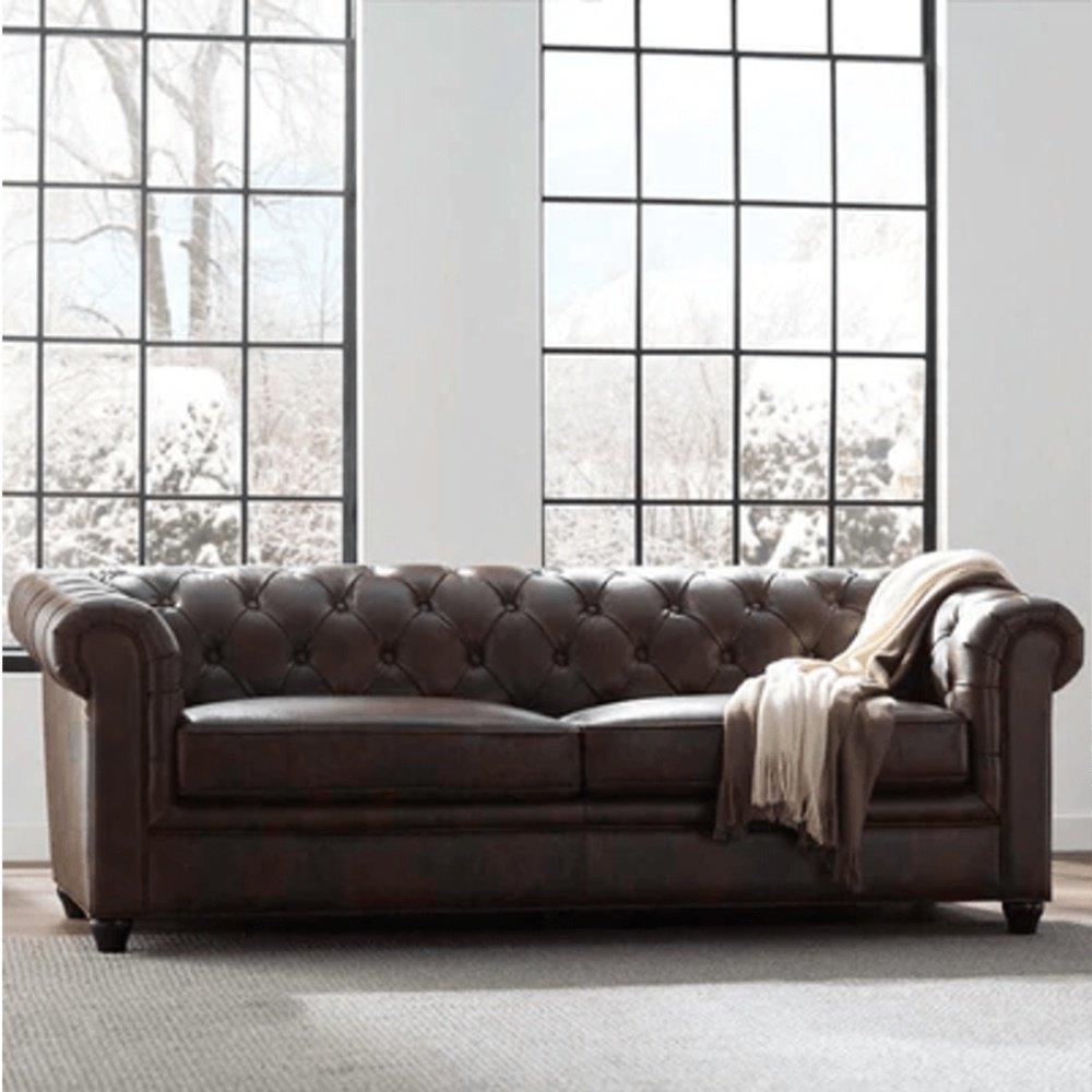 Rolled Arm Back Tufted Chesterfield Sofa in Leatherette - Oak Inside
