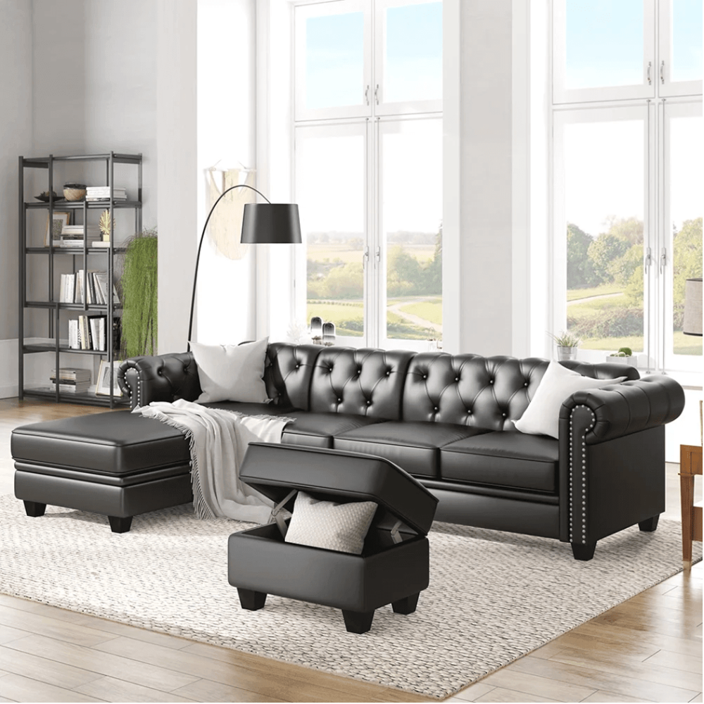 Dolcy Sectional Sofa Set in PU Leather in Black Color with Ottoman - Oak Inside