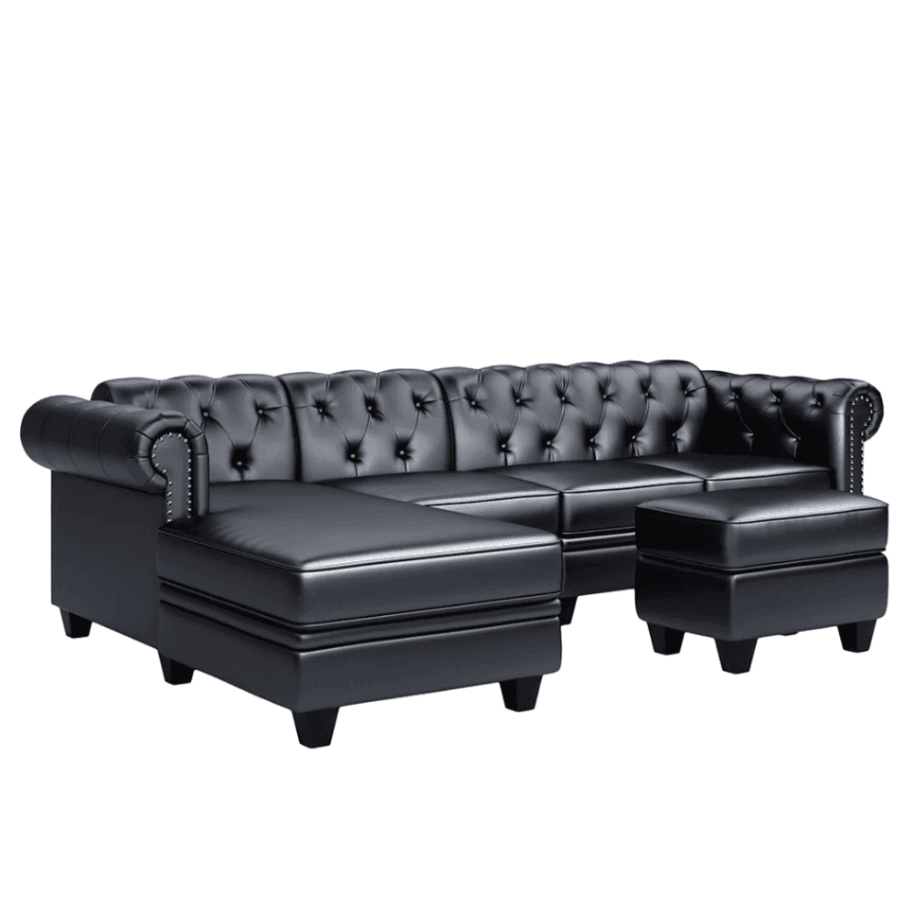 Dolcy Sectional Sofa Set in PU Leather in Black Color with Ottoman - Oak Inside