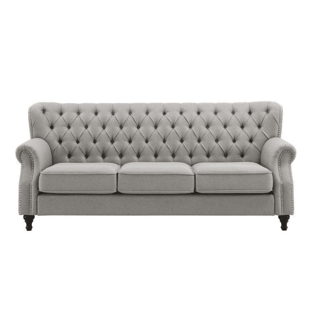 Dorothie Grey Fabric Button Tufted Sofa with Nailhead Trim - Oak Inside