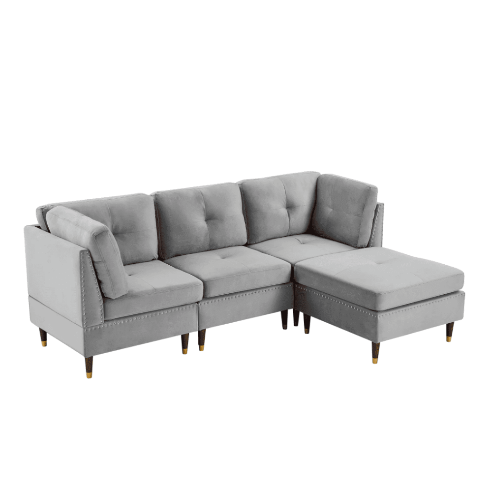 Glossy Sectional Suede Sofa Set With Ottoman - Oak Inside