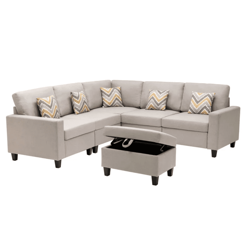 Nollon Linen Fabric Sectional Sofa with Pillows and Storage Ottoman - Oak Inside