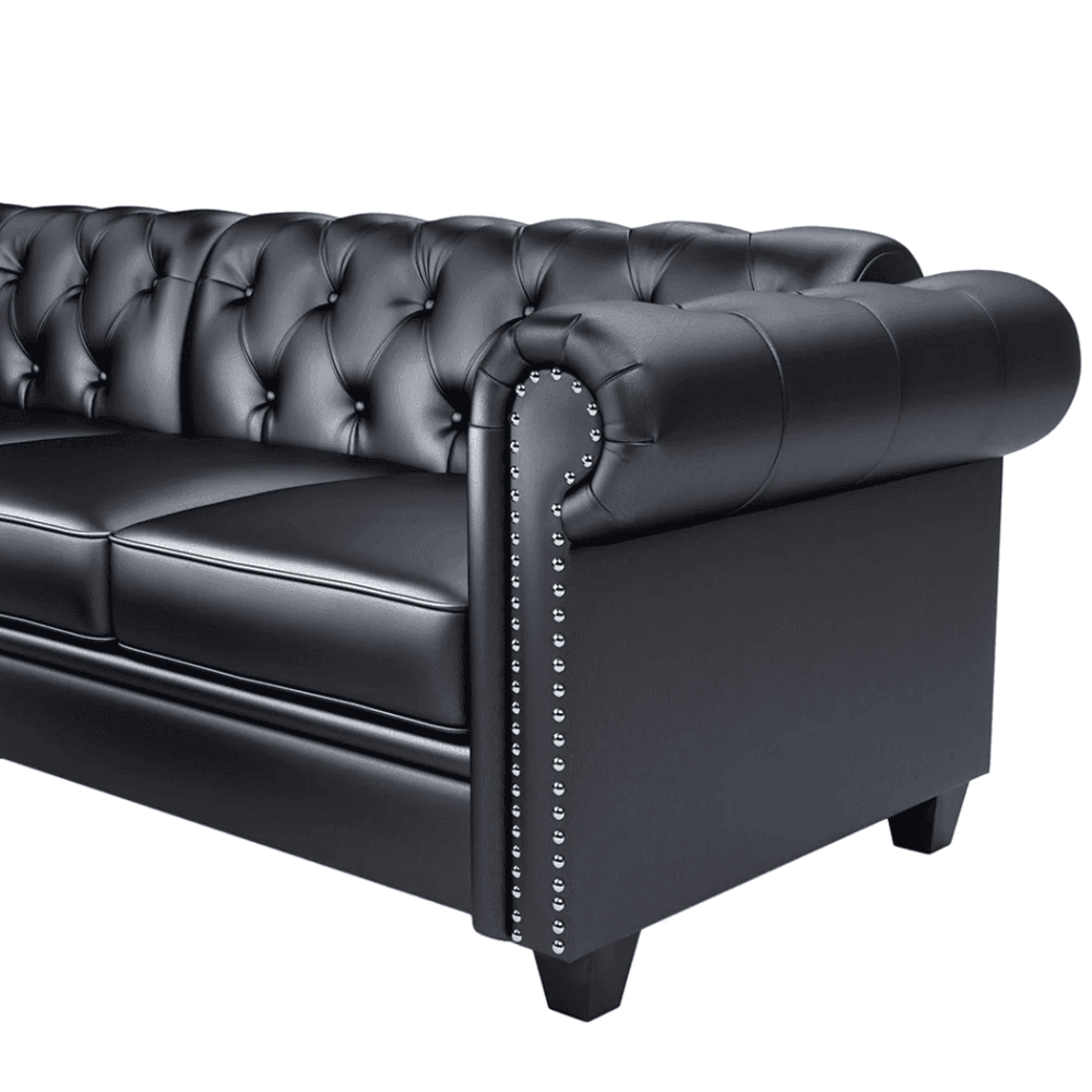 Dolcy Sectional Sofa Set in PU Leather in Black Color with Ottoman - Oak Inside