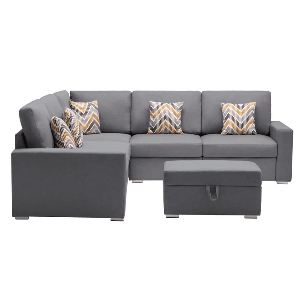 Nollon Linen Fabric Sectional Sofa with Pillows and Storage Ottoman - Oak Inside
