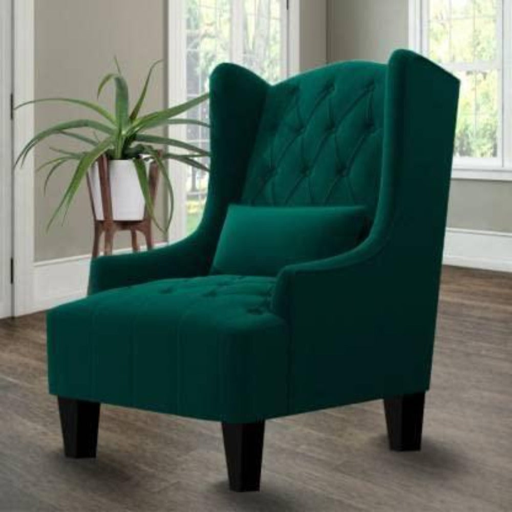 Cayo Chesterfield Wing Chair in Green Color - Oak Inside