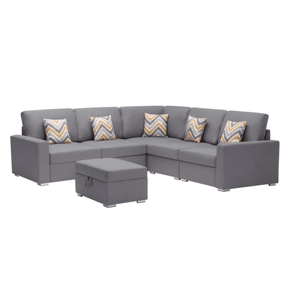 Nollon Linen Fabric Sectional Sofa with Pillows and Storage Ottoman - Oak Inside