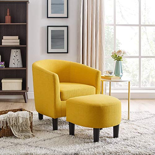 Woodster Langley Single Seater Accent Chair with Footstool Ottoman in Yellow - Oak Inside