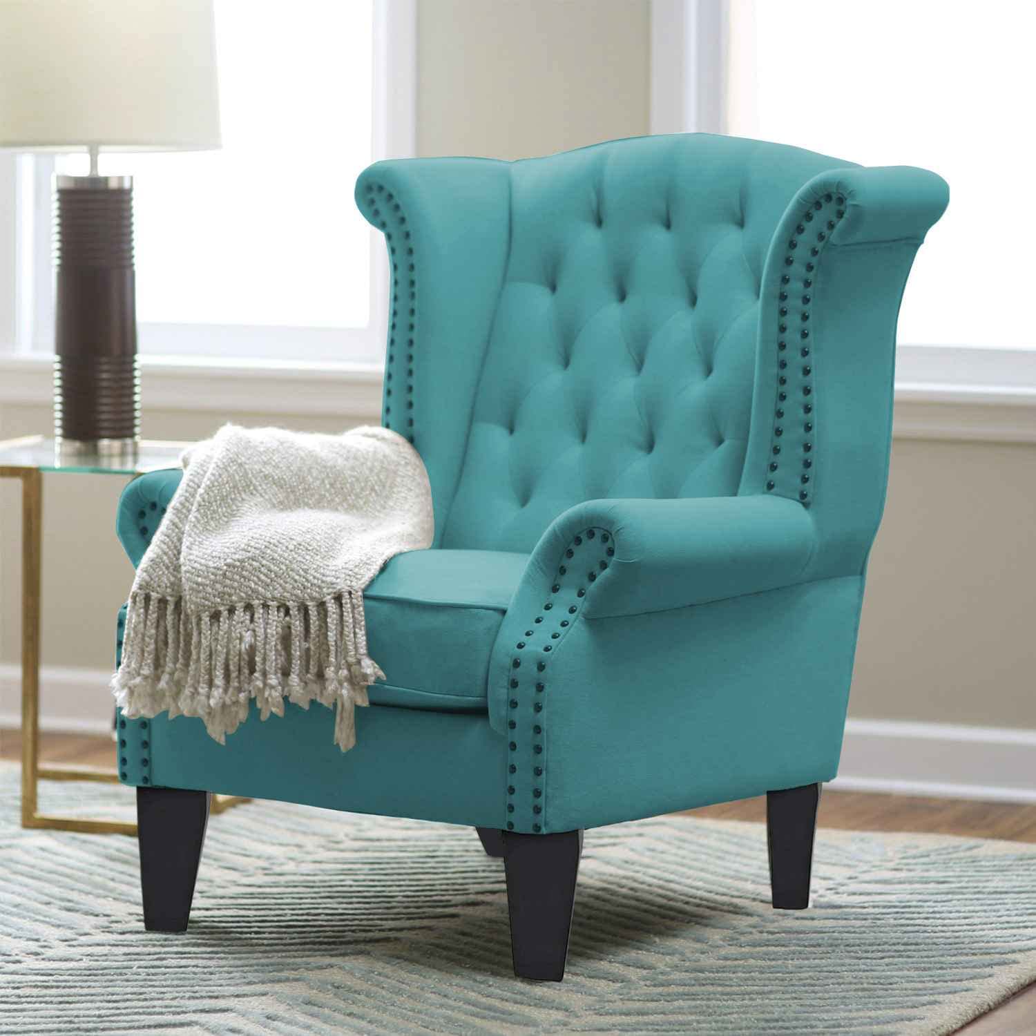 Wayside Chesterfield Wing Chair in Blue Color - Oak Inside