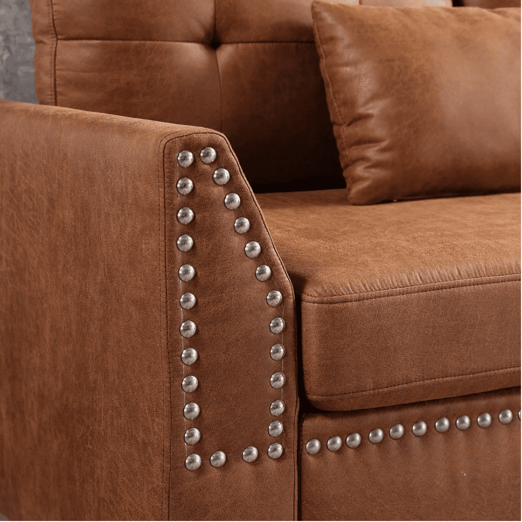 Viatol High Back Couch Mid-century Suede Leather Wood Legs Chaise Sofa - Oak Inside