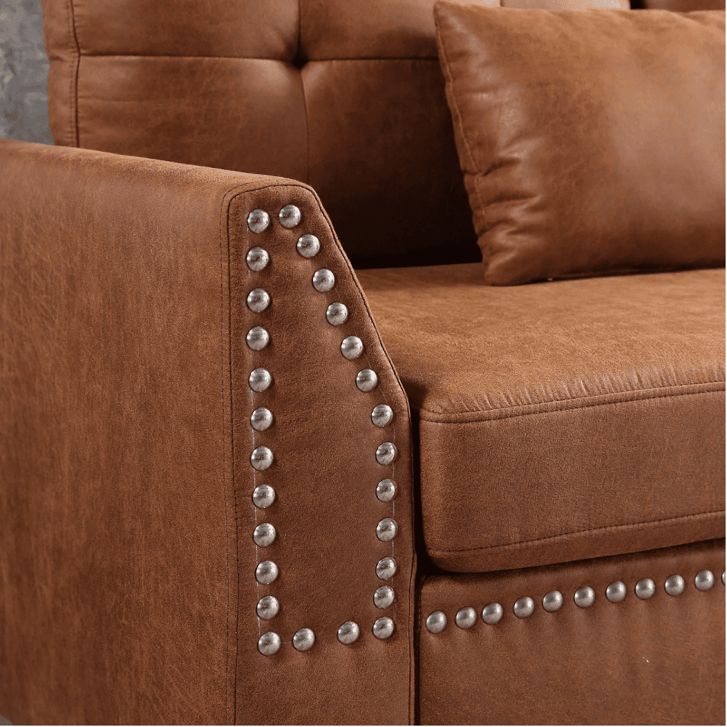 Viatol High Back Couch Mid-century Suede Leather Wood Legs Chaise Sofa - Oak Inside